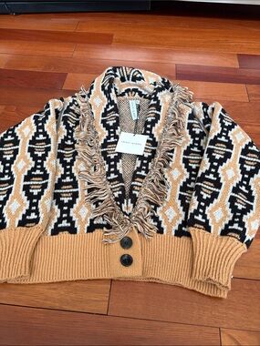 Fringed Geometric Knit Cardigan - Tan/Black